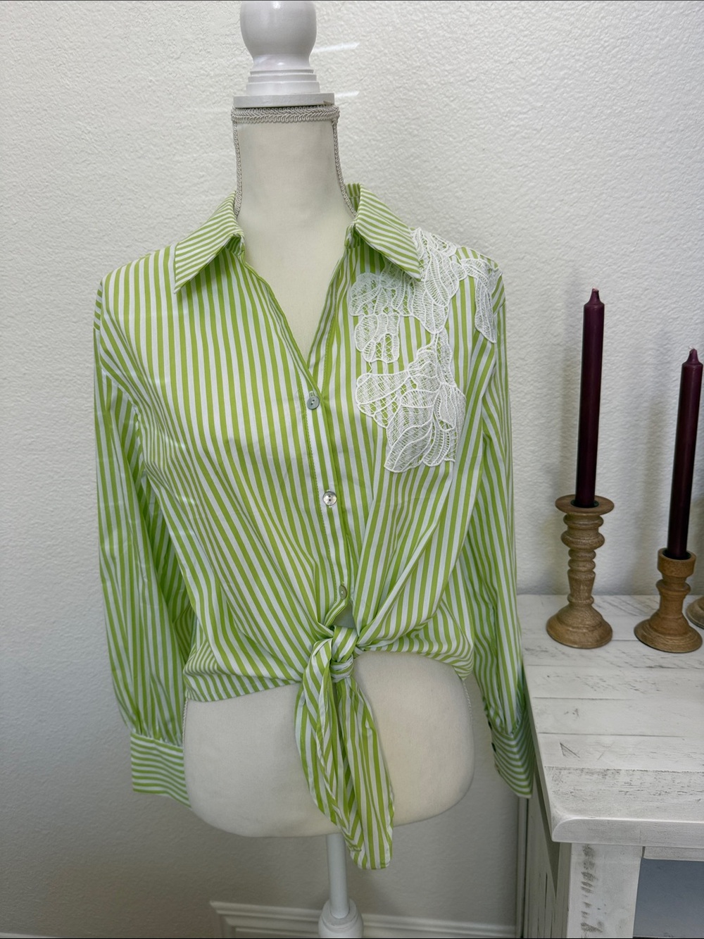 NWT Marc New York Women's Green Striped Tie-Front Shirt with White Lace Detail
